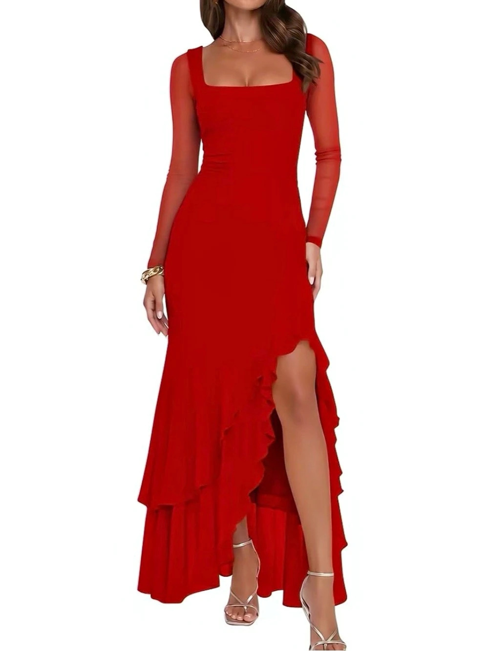 Red Square Neck Ruffle Maxi Dress Like New
